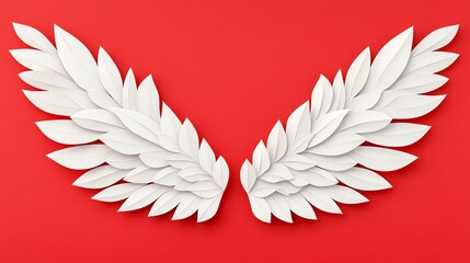 Fototapeta premium Symmetrical paper cut angel wing pattern with fine feather details, creating a spiritual, delicate design, paper cut angel wings, delicate spiritual pattern
