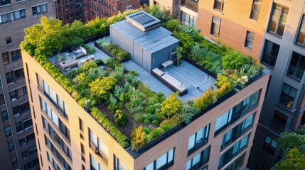 An aerial view of a modern building with a lush rooftop garden.