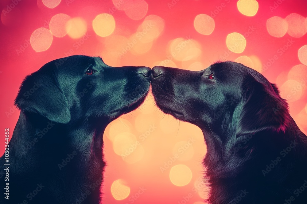 Poster Two dogs face to face with vibrant bokeh lights in the background symbolizing friendship curiosity and affection in a colorful playful and joyful environment