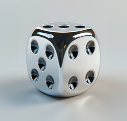 3d render of one shiny, polished silver dice, against an all-grey background. 