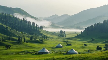 Summer meadows in Xinjiang, with yurts scattered across the landscape, offering a unique travel experience