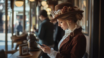 young woman dressed in elegant vintage clothing and a decorative hat using a smartphone in a warm, classic cafe setting, blending old-world charm with modern technology