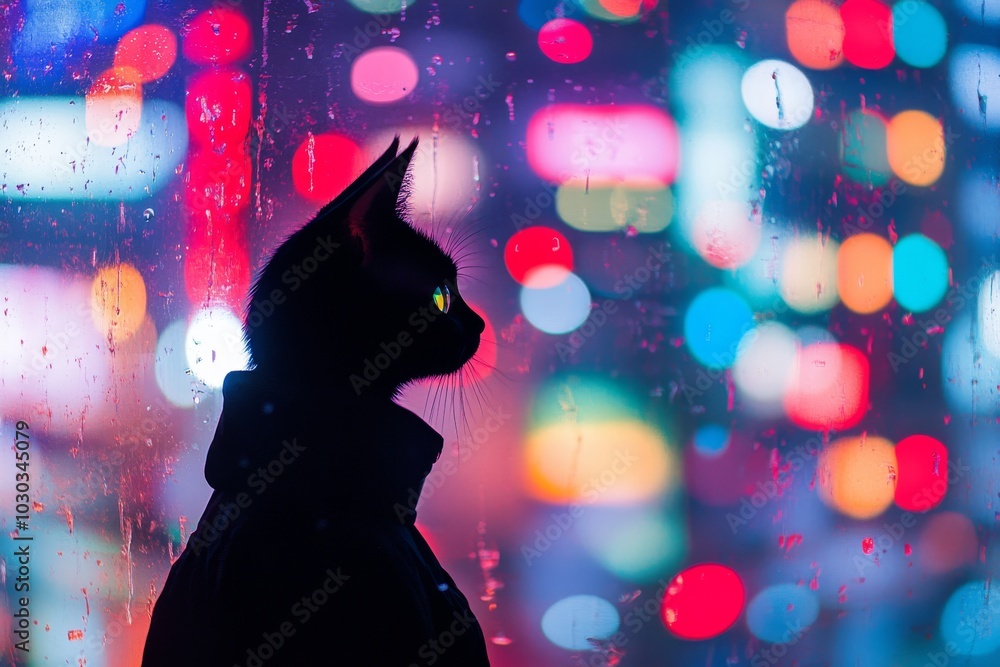 Poster black cat staring out of a window with colorful neon bokeh lights representing curiosity mystery and