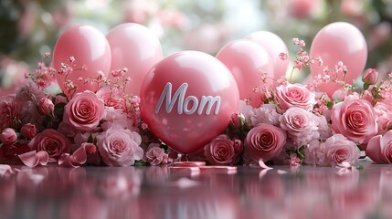 Bright cheerful 3D illustration for Mothers Day with shiny balloons large Mom text in the middle surrounded by ribbons roses and a clean space for custom text or a message