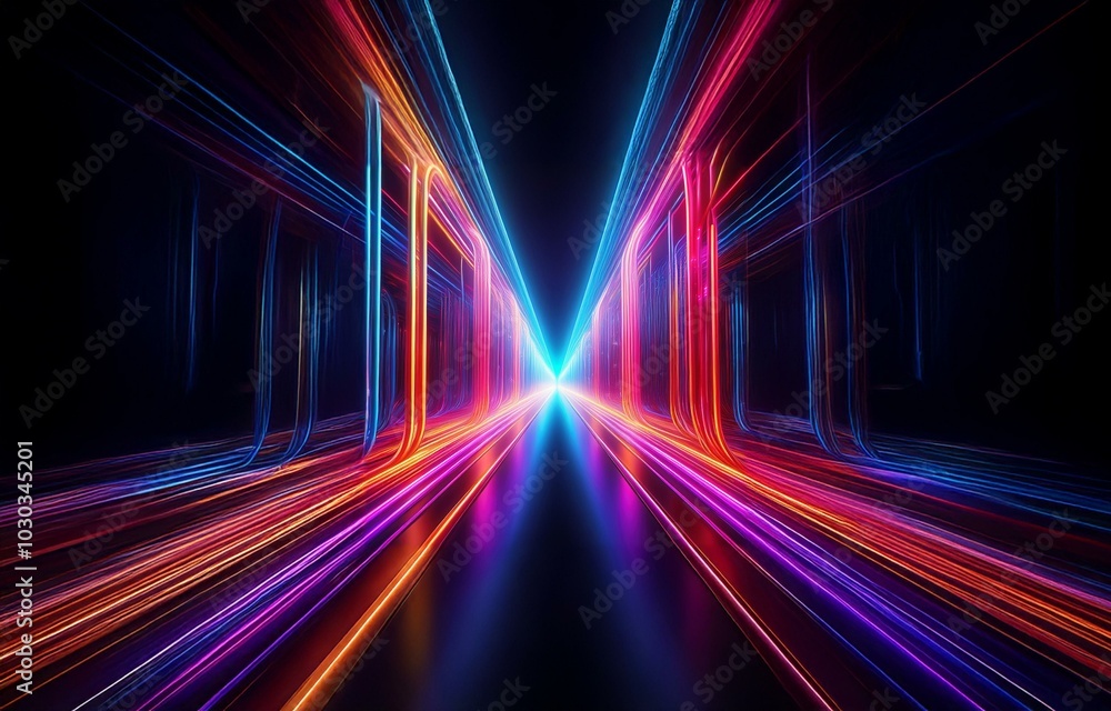 Poster abstract neon lights create a tunnel effect in a dark setting.