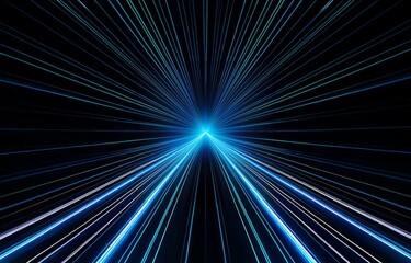 Abstract blue lines converge in the center of the black background, creating a glowing effect.