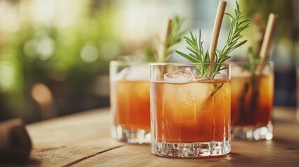 Sustainable cocktails with ingredients sourced locally, served in reusable glassware with natural, biodegradable garnishes like bamboo straws and herb sprigs