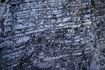 The surface displays layers of rugged, textured rock with a grayish-white tone