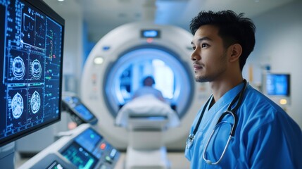 Technician operating a CT scanner, focused on the machine control panel, with the scanner and patient visible in the background
