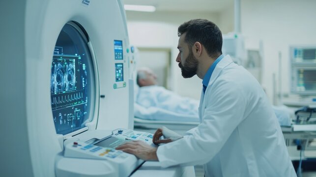 Technician operating a CT scanner, focused on the machine control panel, with the scanner and patient visible in the background