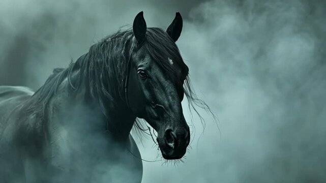 A black horse stands in a field on a foggy day