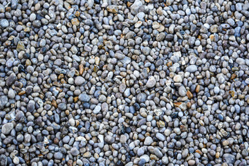A detailed view of smooth, rounded pebbles in various shades of grey and beige, creating a natural, textured surface