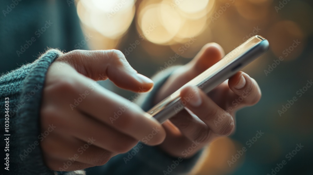 Poster texting hands close-up with a soft background, focus on the fingers typing rapidly on a smartphone s