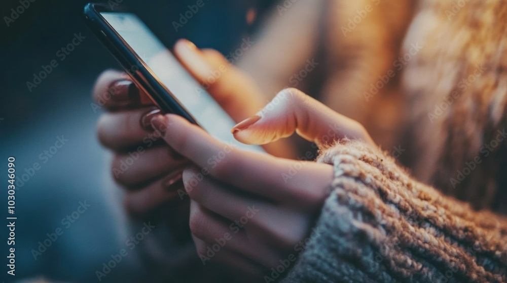 Poster texting hands close-up with a soft background, focus on the fingers typing rapidly on a smartphone s