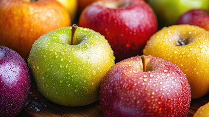 A close-up of various apples in vibrant colors, placed on a wooden cutting board with droplets of water on their surfaces, highlighting their freshness and crispness.