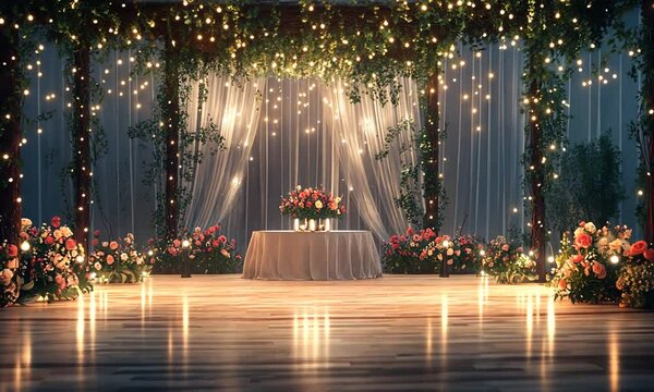 A romantic setting with a round table, flower arrangements, and string lights under a wooden pergola.