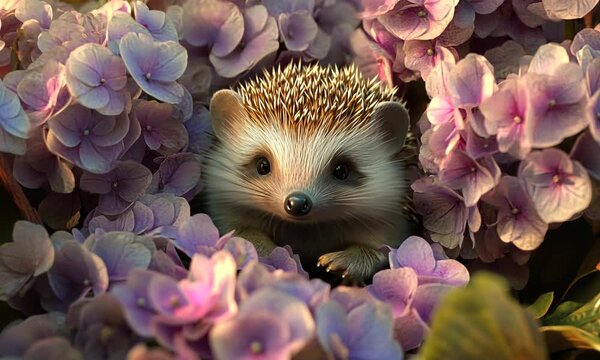 A cute hedgehog with a curious expression peeks out from a bed of delicate purple flowers.