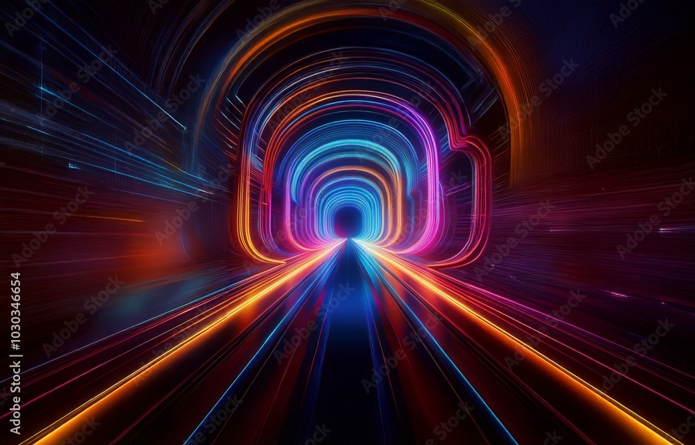 Poster a futuristic tunnel with glowing lines of light, creating an abstract design.
