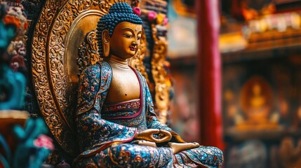 Tibet art focusing on the spiritual and cultural elements, featuring traditional patterns and Buddha imagery