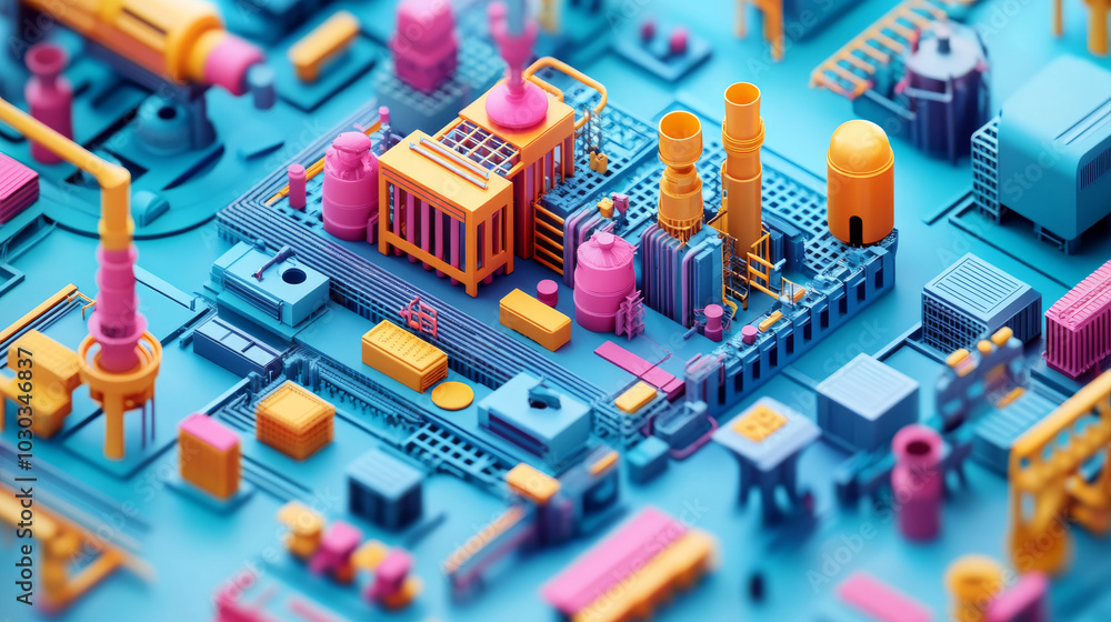 Aufkleber an abstract, colorful machine representing industry 4.0 is depicted from a top view, with isometric 