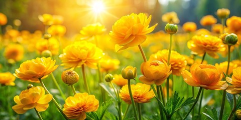 Obraz premium A field of vibrant yellow flowers bathed in the warm glow of the setting sun, creating a symphony of color and light.