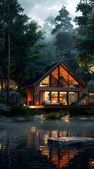 Fototapeta premium Green roofed forest house with flowers generated by AI