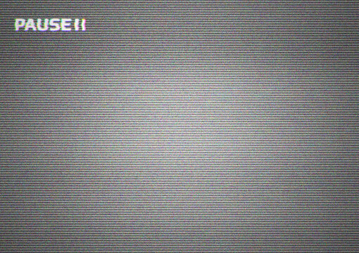 TV screen texture with glitch text PAUSE. HDTV no signal problems. Bad TV signal on TV screen Noise of motion background lines. Glitch VHS. Retro concept. Glitch camera effect. Video rewind texture