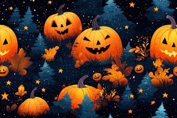 Fototapeta premium Halloween pumpkins and trees with stars seamless pattern on a dark background.