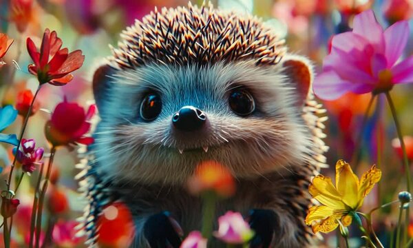 A happy hedgehog with big eyes and a bright smile is surrounded by colorful flowers.