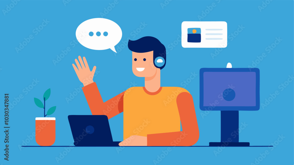 Poster voice command technology a person gesturing toward their smart assistant device on their desk direct
