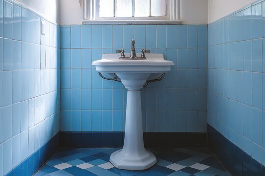 vintage bathroom design, a bathroom with white and blue tiles, vintage pedestal sink, and silver fixtures exudes classic charm