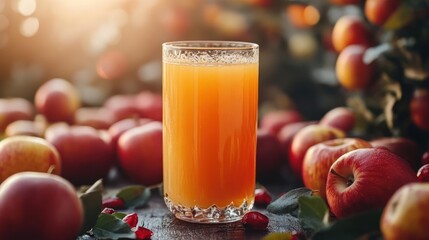 Fototapeta premium a glass of orange juice surrounded by apples