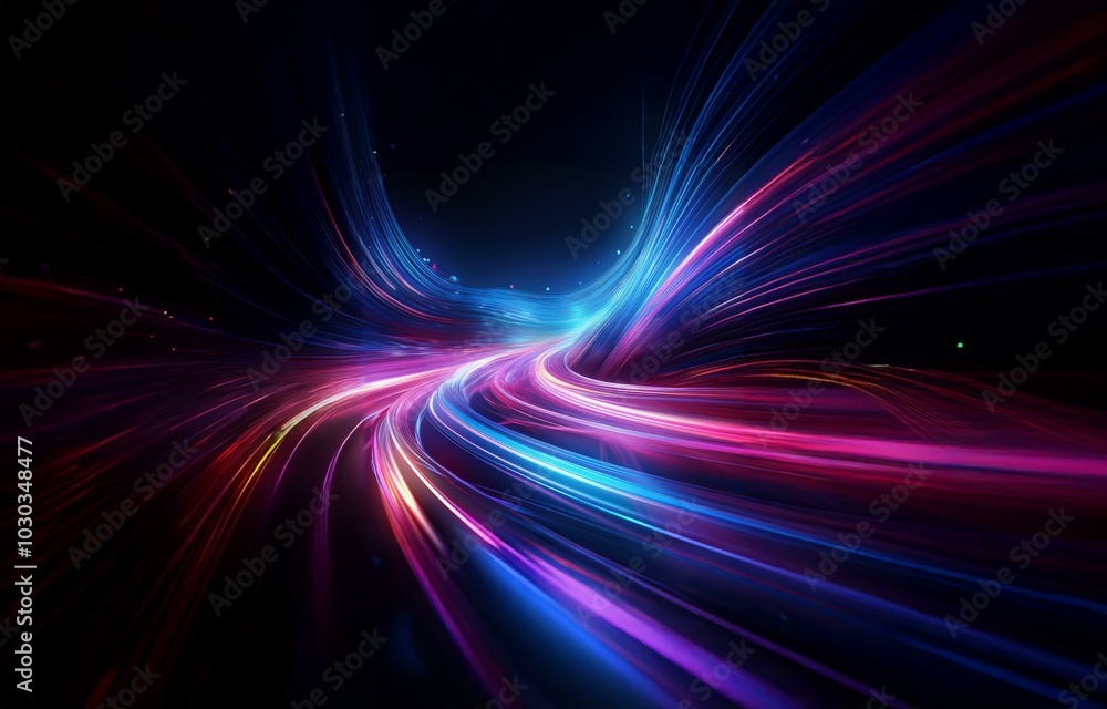 Poster abstract dark background with glowing colorful streaks of light, creating a swirling motion effect.