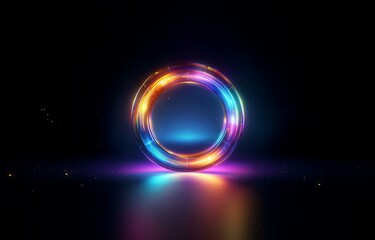 Obraz premium A glowing, iridescent ring on a black background with a reflecting light.
