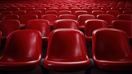Obraz premium Symmetrical rows of shiny red seats inside a sleek modern theater auditorium, creating a vivid visual effect enhanced by soft, ambient lighting for a grand performance.