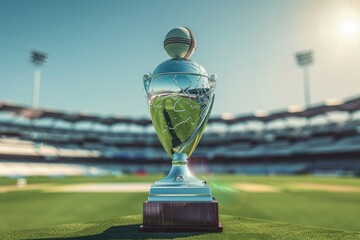 A highly detailed and shiny cricket World Cup trophy with the world ball at top, placed on an empty stadium background. The entire scene is captured in high resolution.