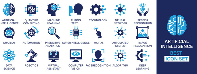 Artificial intelligence best solid icon set collection. Quantum, machine learning, Turing test, technology, neural network etc...