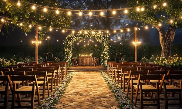 Romantic outdoor wedding ceremony setup with string lights, wooden chairs, and a floral archway.