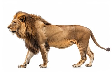 Obraz premium A majestic lion walking, in a side view isolated on a white background with a clipping path. A full body portrait of a big male African Lion standing and looking away.