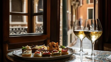 Fototapeta premium Close-Up of Delicious Cicchetti with Wine in Venice