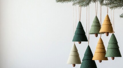 Handcrafted felt christmas tree ornaments hanging on pine branches