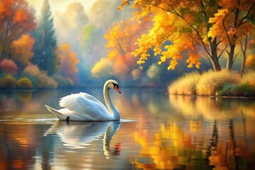 Fototapeta premium Watercolor painting of a swan on a lake surrounded by autumn leaves