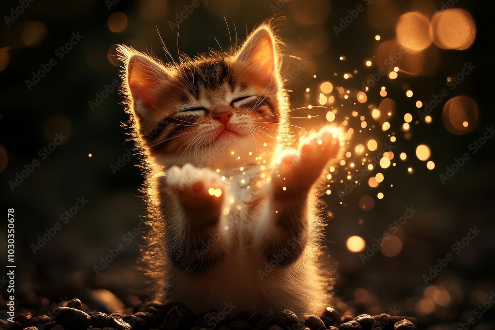 Poster kitten curiously playing with sparkling light particles in the golden hour evoking wonder playfulnes