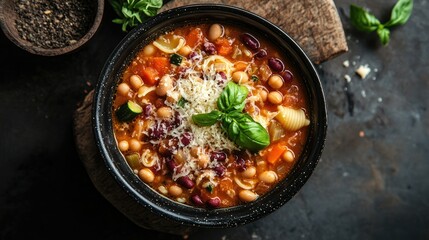 Fresh Bowl of Minestrone Soup with Basil Garnish