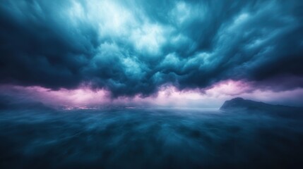 Fototapeta premium A dramatic scene of storm clouds casting a shadow over a turbulent sea, with a hint of purple and blue hues creating a sense of impending power and mystery.