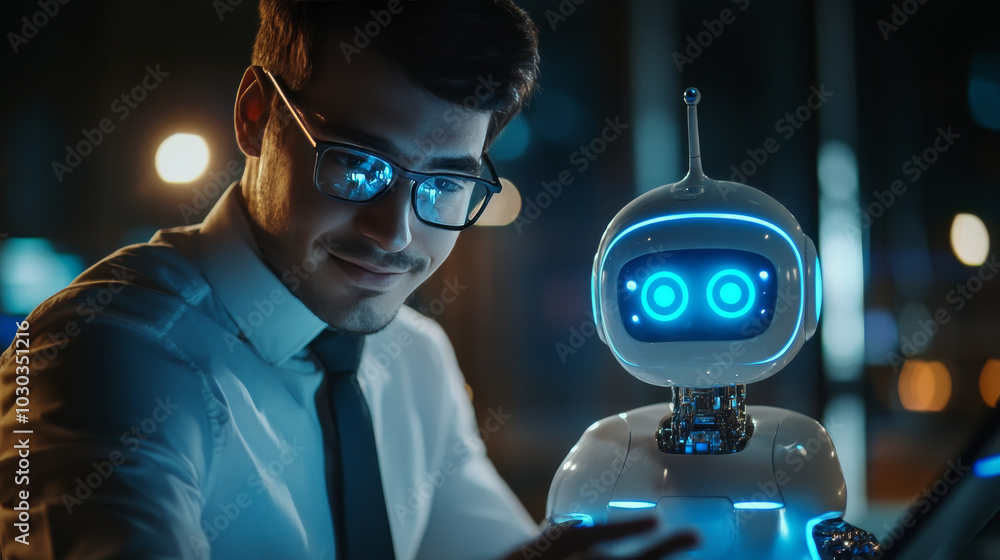Poster a young businessman is depicted chatting with ai—engaged in a conversation with a smart artificial i