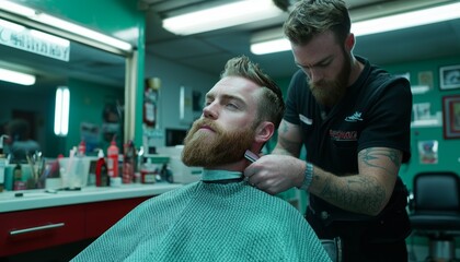 A barber trimming a customers beard with a straight razor, paying attention to detail as the customer sits comfortably, with tools neatly arranged on the counter.