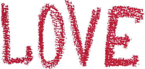 Word love is written in red pencil by hand on an isolated background