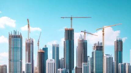 Urban skyline with a mix of completed skyscrapers and buildings under construction, capturing the growth of the city