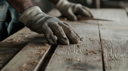 A carpenter cutting wooden boards to size, wearing protective gloves and safety glasses, showing professionalism and attention to safety in the workshop.